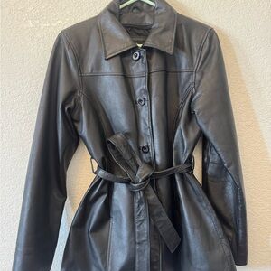Women's Black Leather Belted Jacket